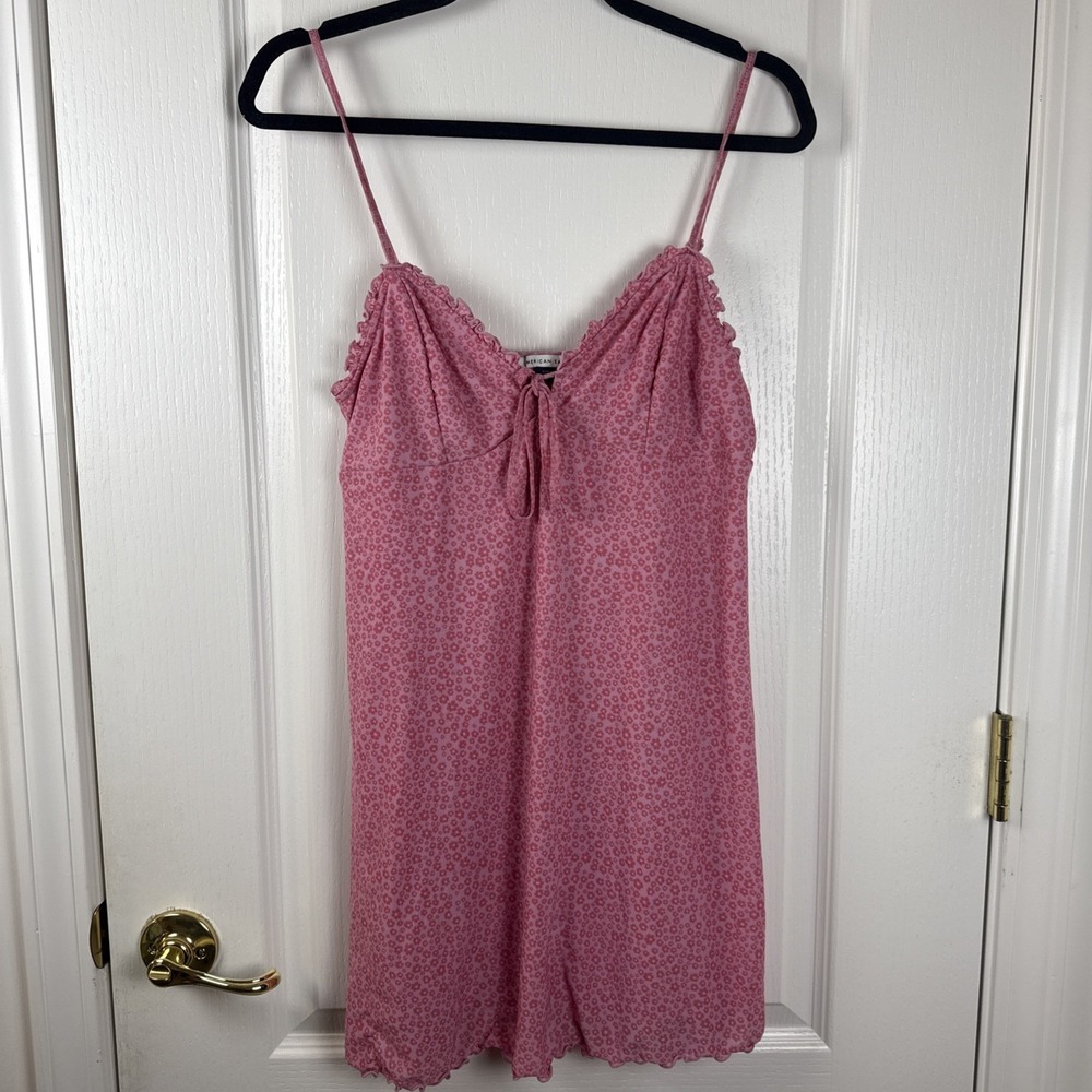 American Eagle Pink Ditsy Floral Tie Strap Slip Dress Sz M Coquette Y2K